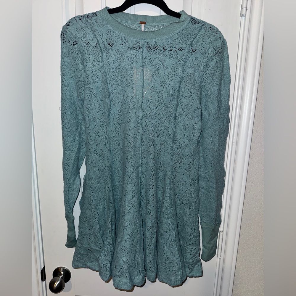 Free People Teal Lace  romantic fairy festival  coquette whimay boho sweater